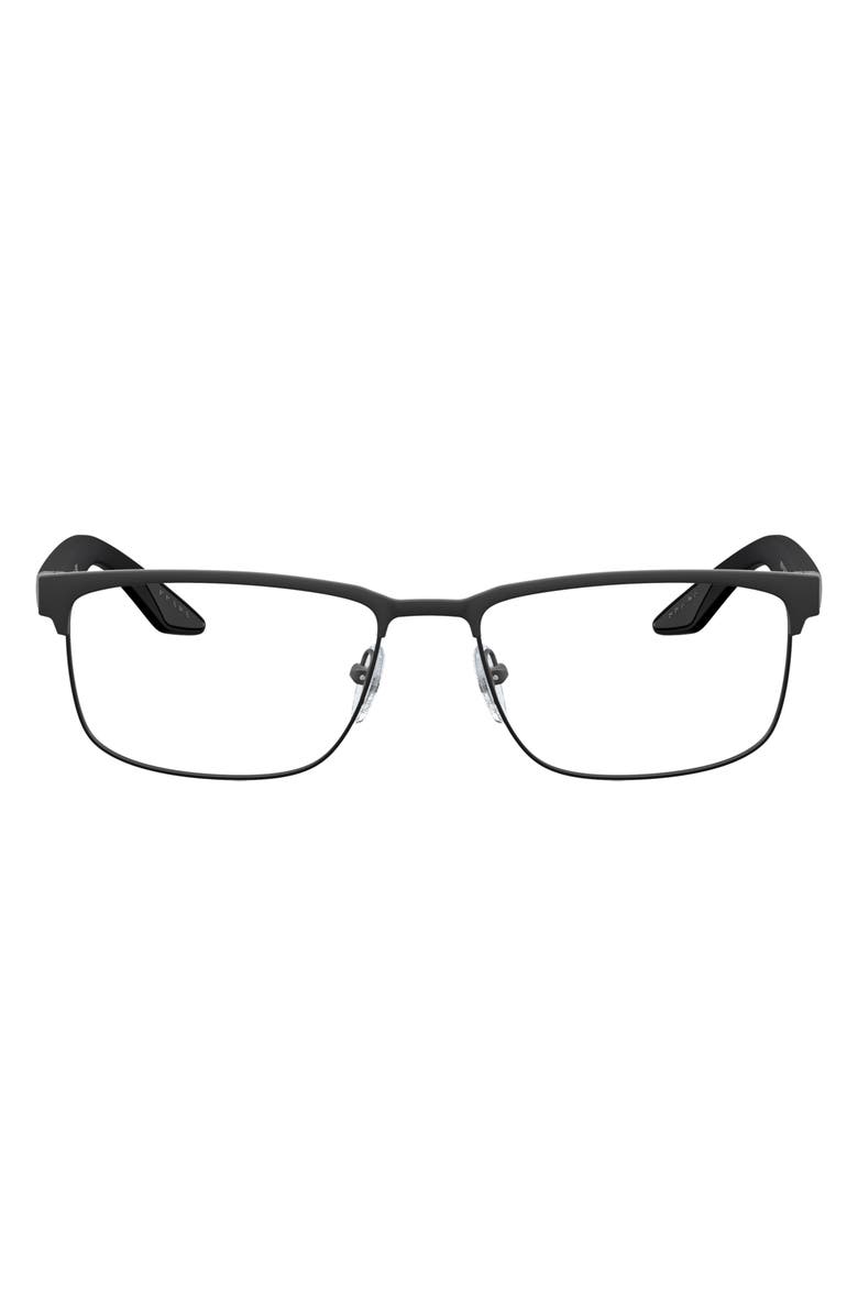Prada Linea Rossa 56mm Rectangular Optical Glasses, Main, color, Rubber Black