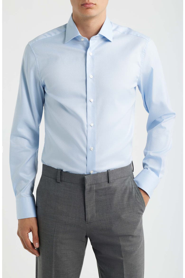 Slim Fit Dot Pattern Non-Iron Cotton Dobby Dress Shirt, Main, color, LIGHT BLUE