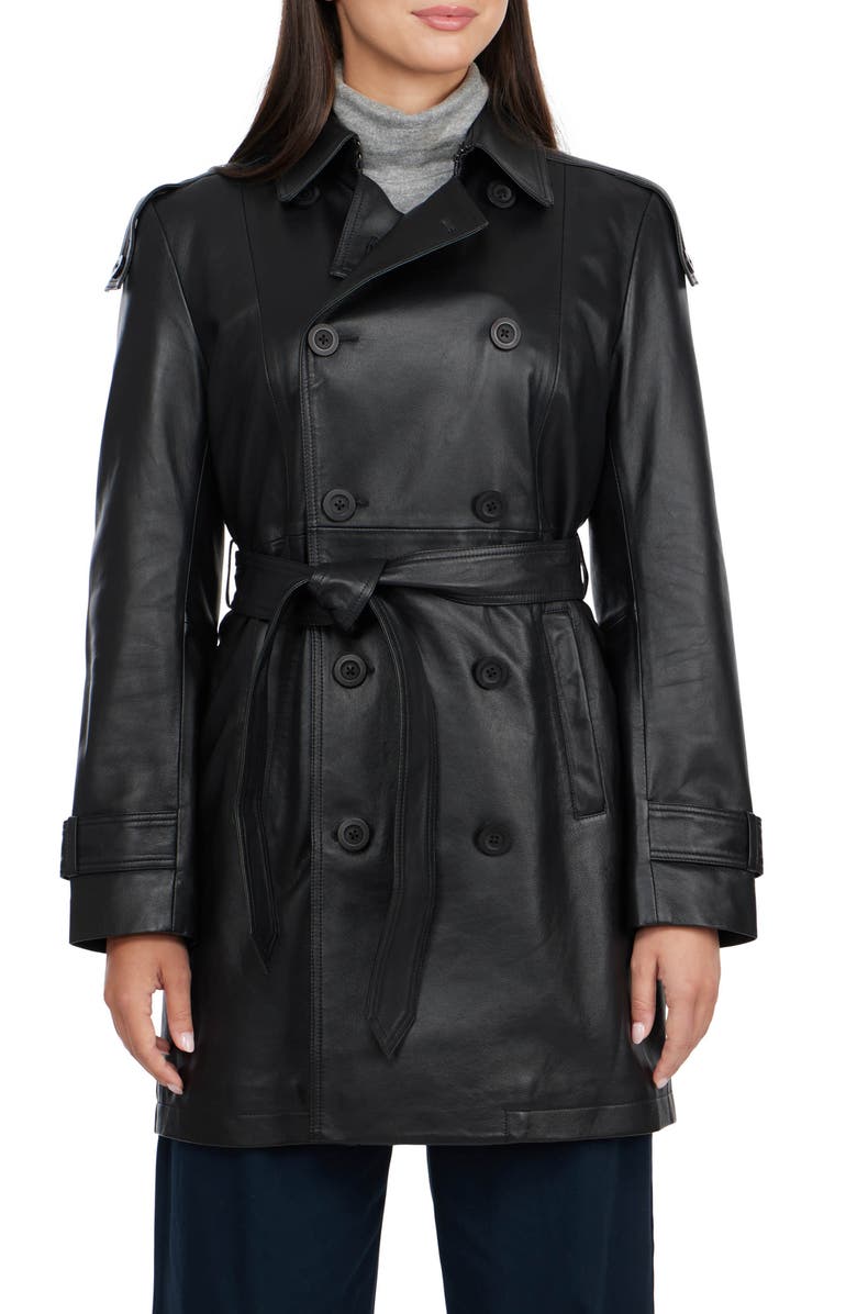 BADGLEY MISCHKA Double Breasted Leather Trench Coat, Main, color, 