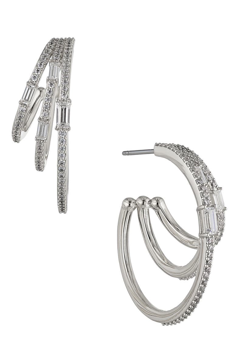 Nadri Triple Stack Hoop Earrings, Main, color, Rhodium