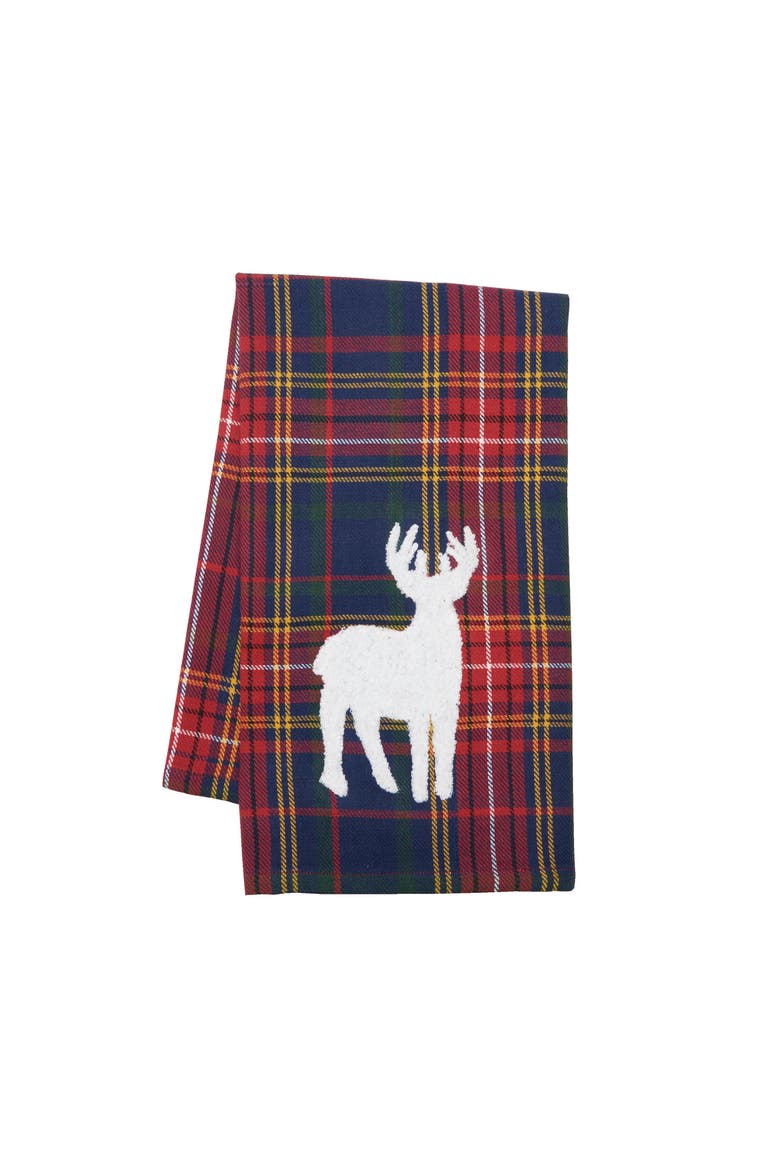 Blue Lennox Plaid Deer 100% Cotton Handwoven Christmas Dishtowel, Main, color, Red