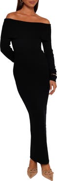 Petal & Pup Archie Off the Shoulder Long Sleeve Rib Maxi Sweater Dress