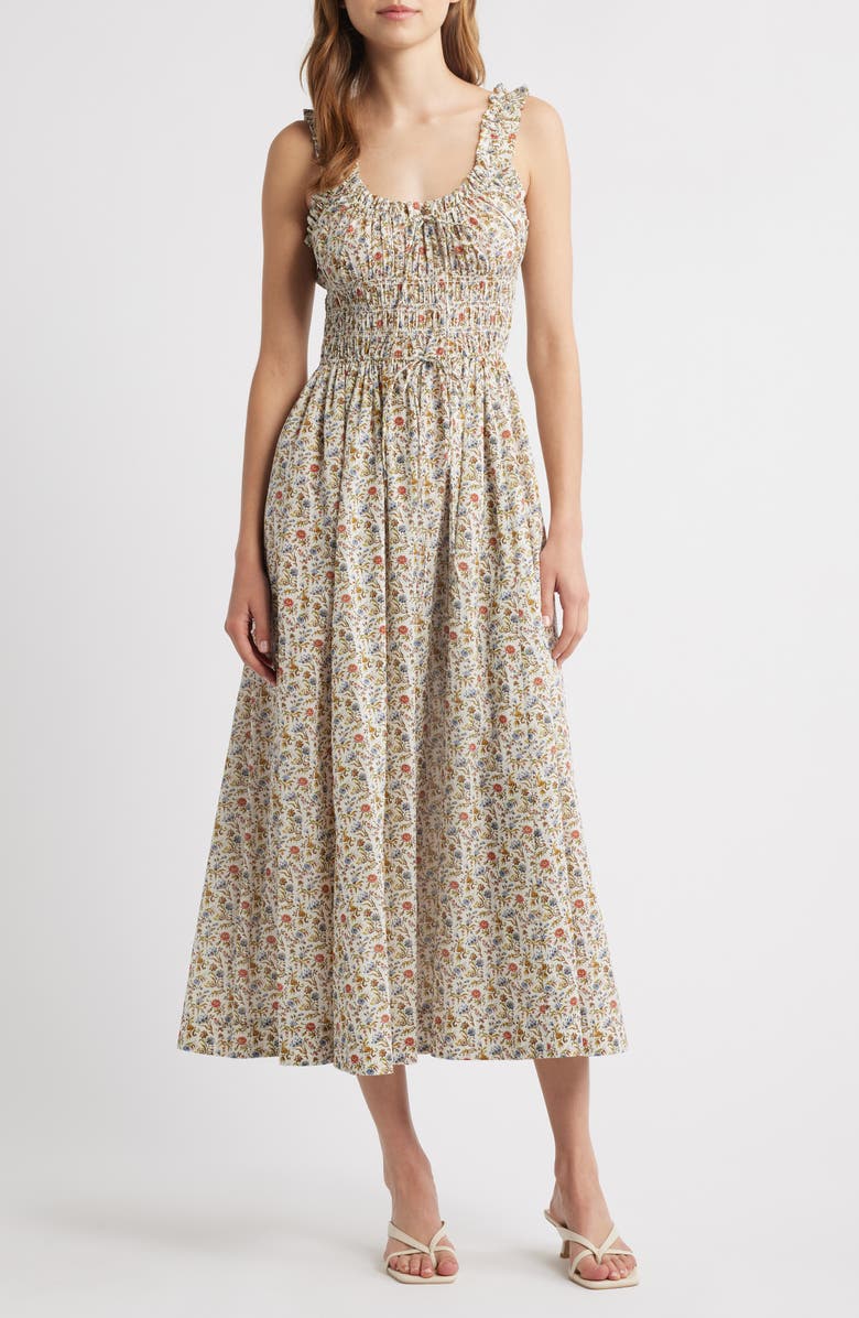 DÔEN Emmaretta Floral Pleated Cotton Voile Maxi Dress, Main, color, Jardin Du Chateau
