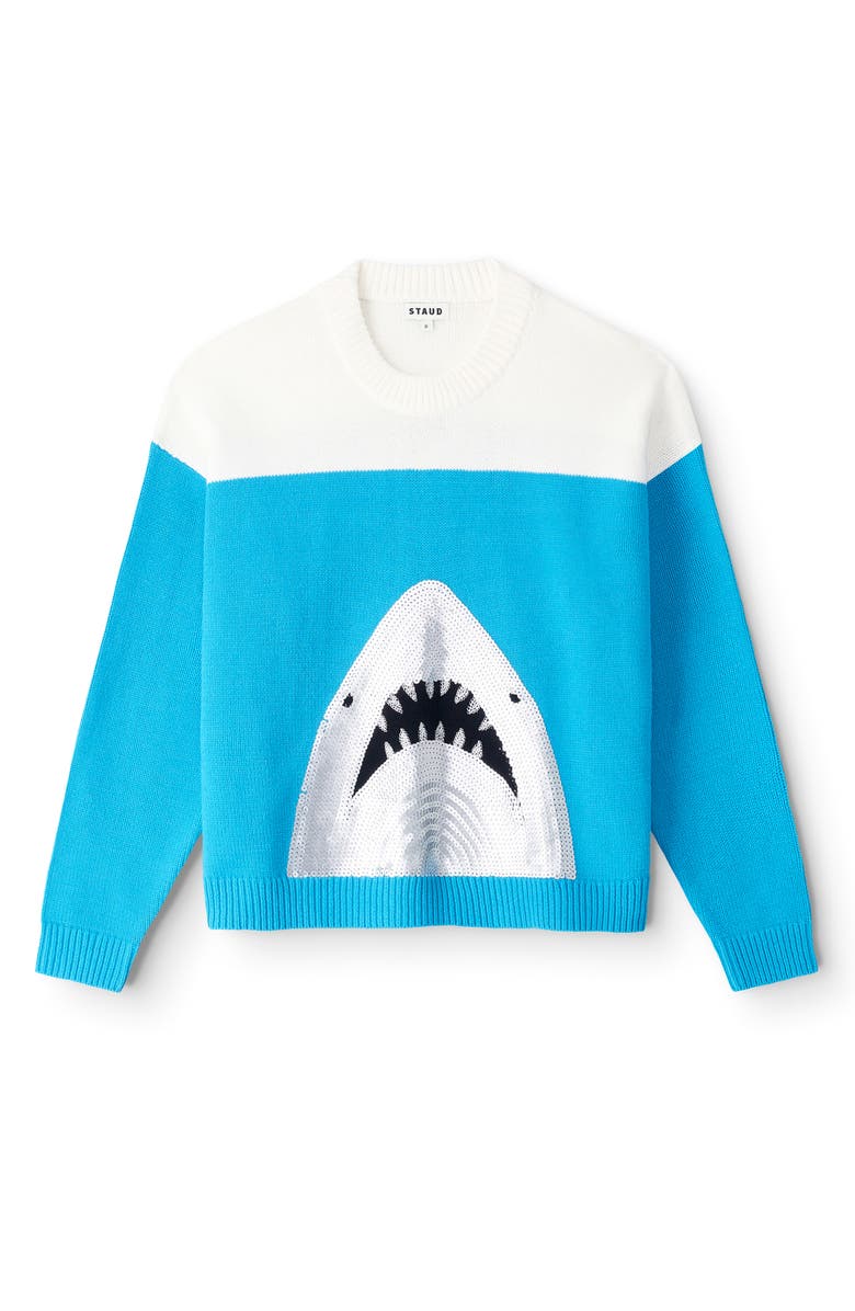 STAUD Reya Sequin Shark Cotton Blend Sweater, Main, color, Great White
