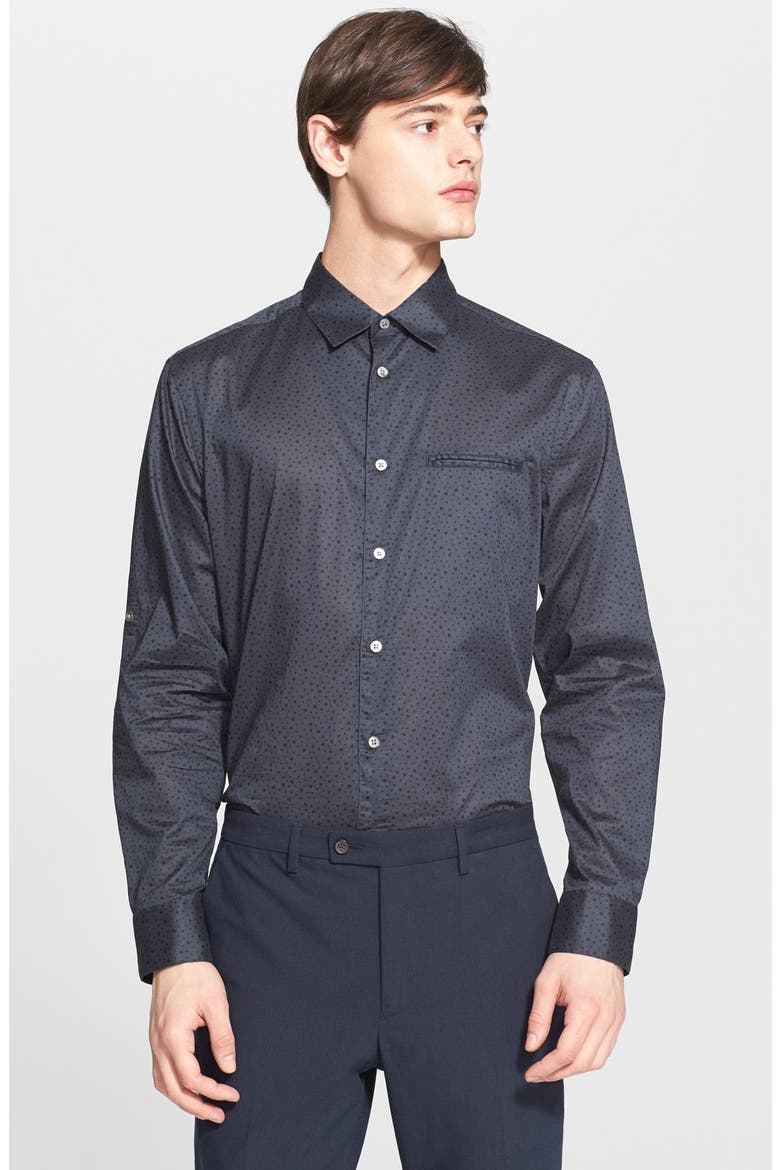 Collection Slim Fit Dot Print Roll Sleeve Sport Shirt, Main, color, GUNMETAL