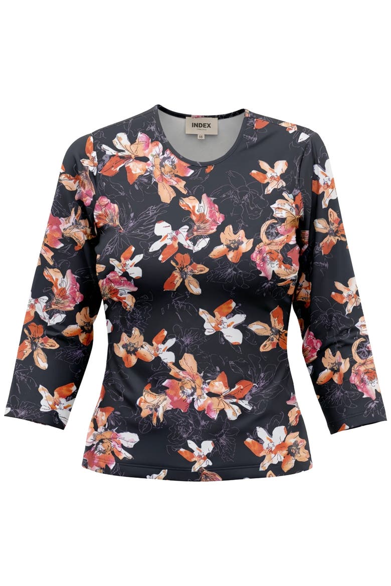 Graphic Cotton Round Neck Binding 3/4 Sleeve Tee, Main, color, Black Floral