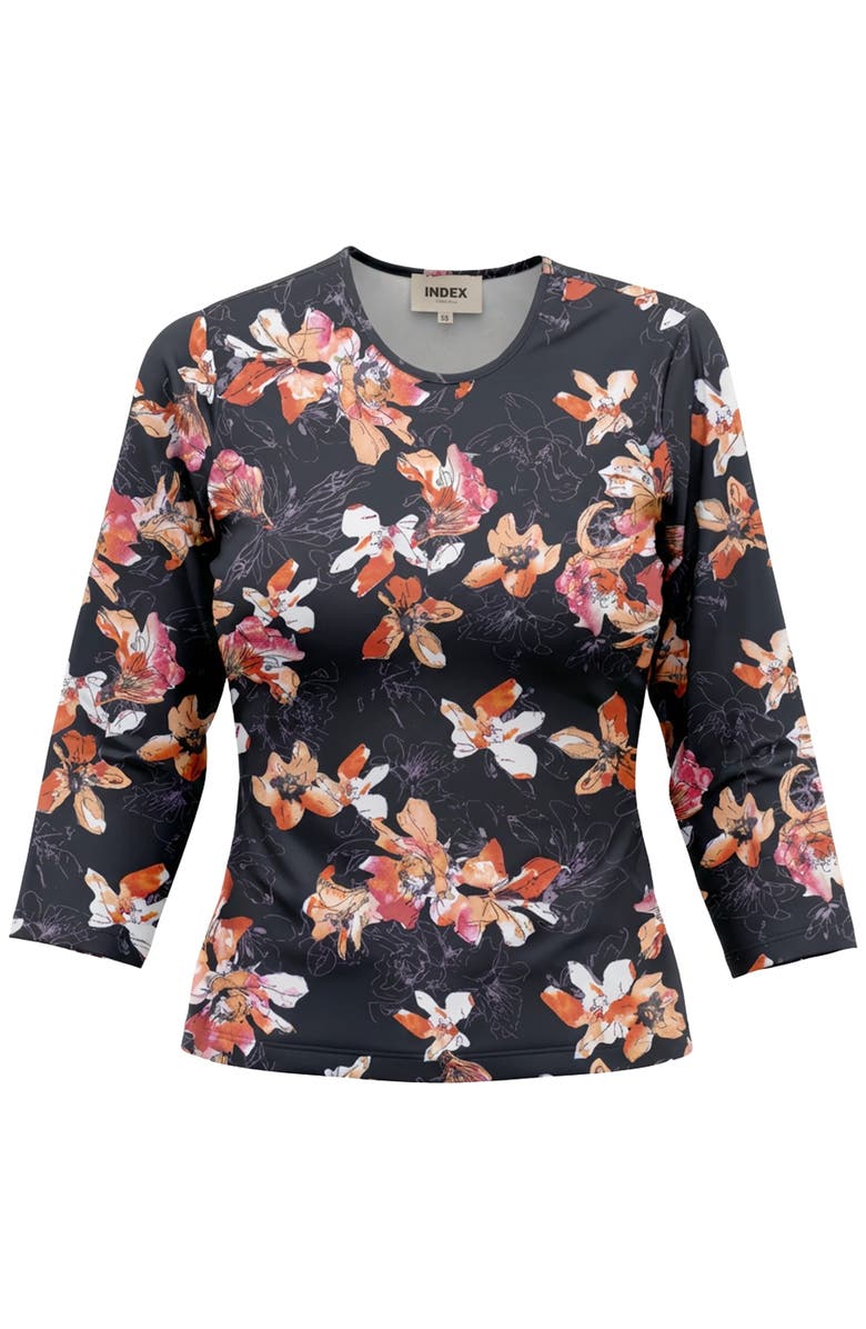 Index Graphic Cotton Round Neck Binding 3/4 Sleeve Tee, Main, color, Black Floral