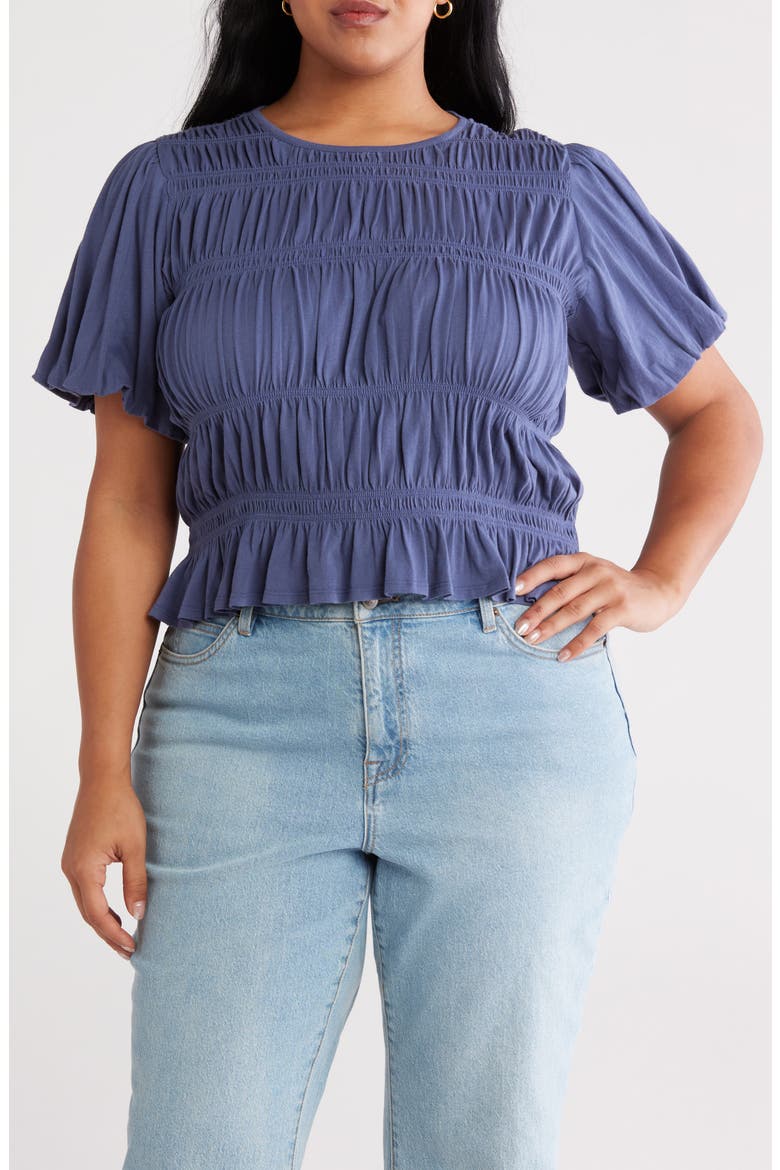 Shirred Puff Sleeve Cotton Top, Main, color, BLUE INDIGO