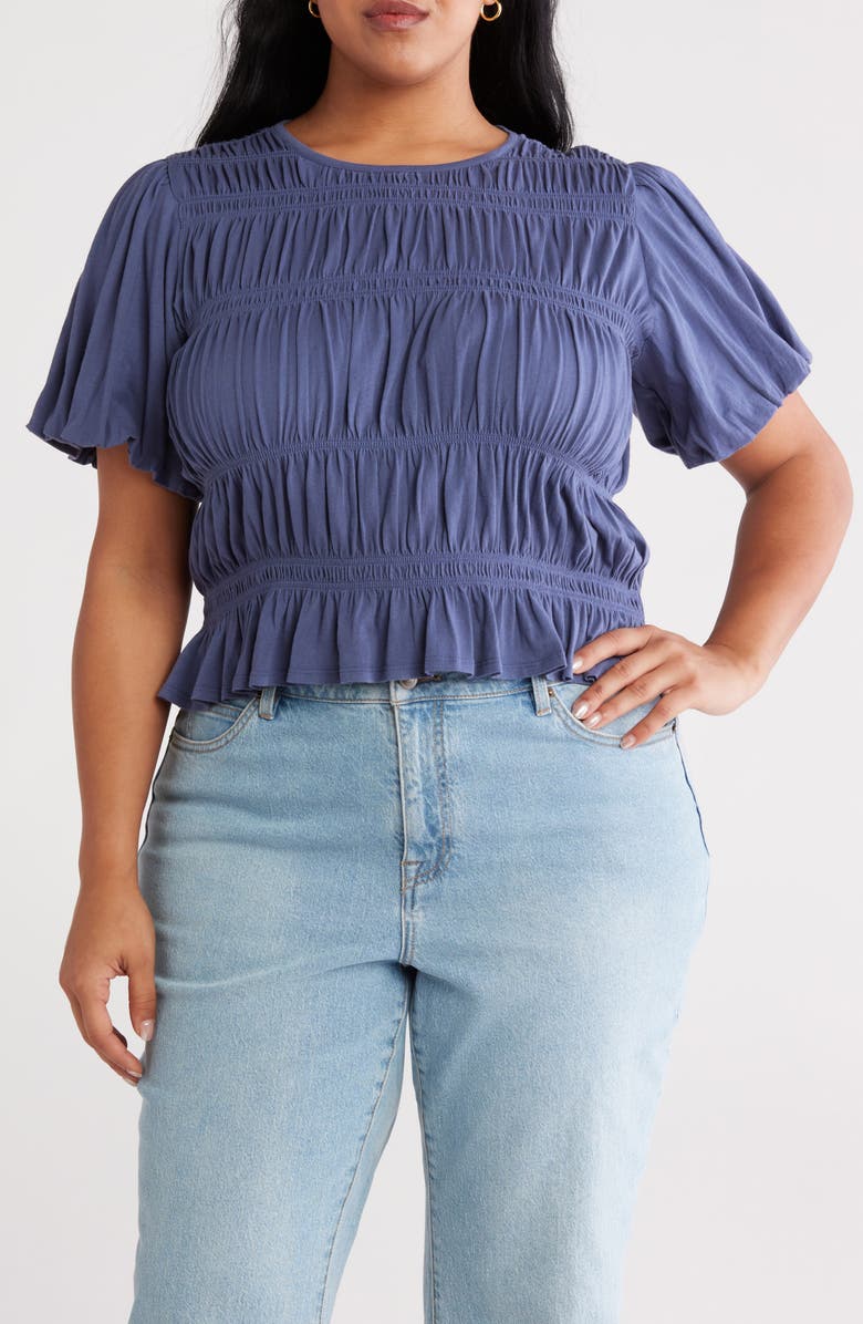 Treasure & Bond Shirred Puff Sleeve Cotton Top, Main, color, Blue Indigo
