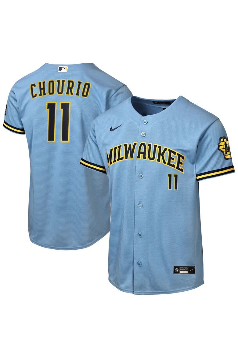 Youth Nike Jackson Chourio Powder Blue Milwaukee Brewers Road Stadium Jersey, Alternate, color, Powder Blue