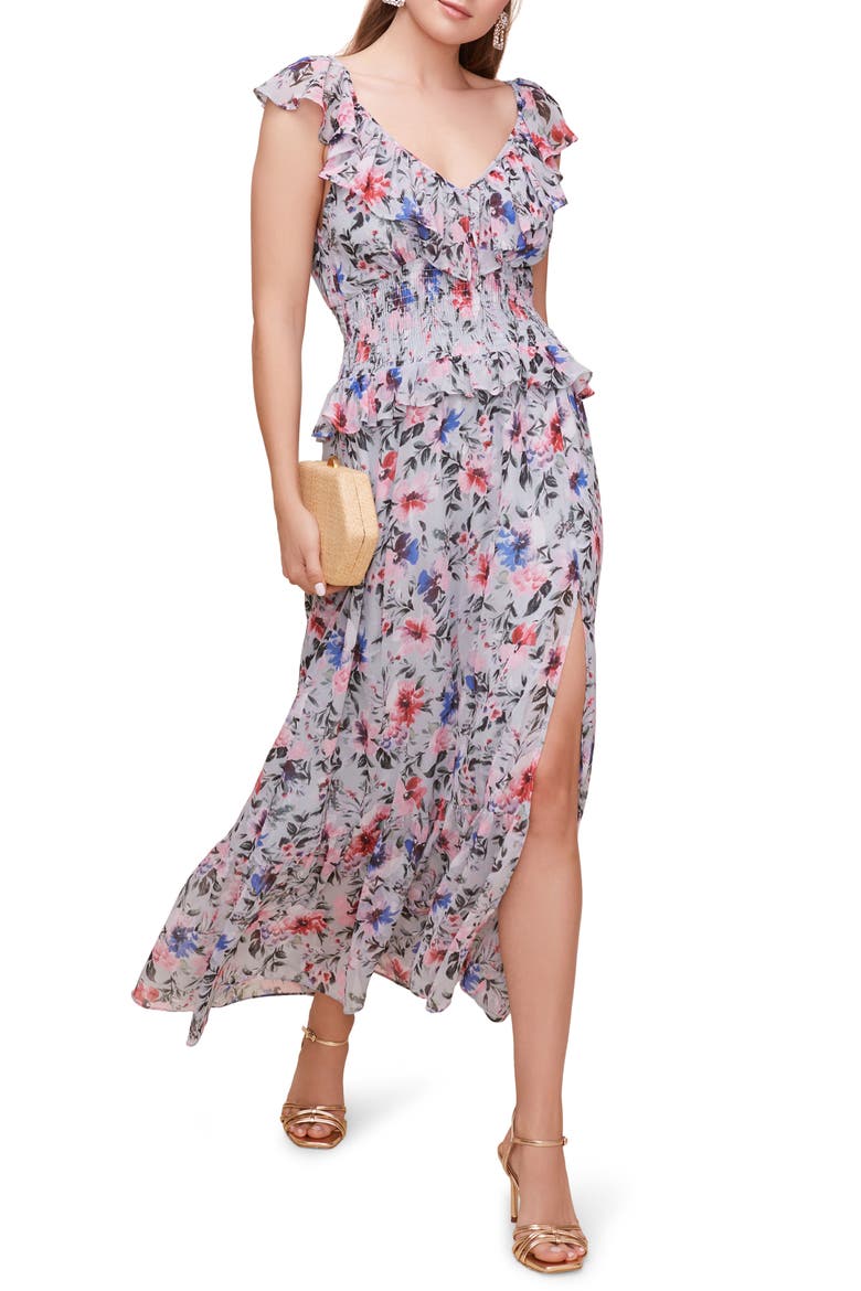 Double Flutter Midi Dress, Alternate, color, BLUE GREEN MULTI FLORAL