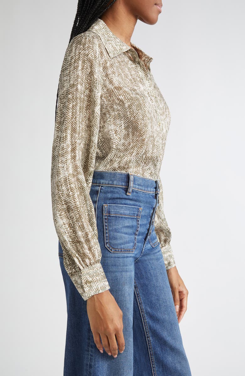 Ramy Brook Pauline Abstract Snakeskin Print Silk Blend Button-Up Shirt, Alternate, color, Olive Baja Dot
