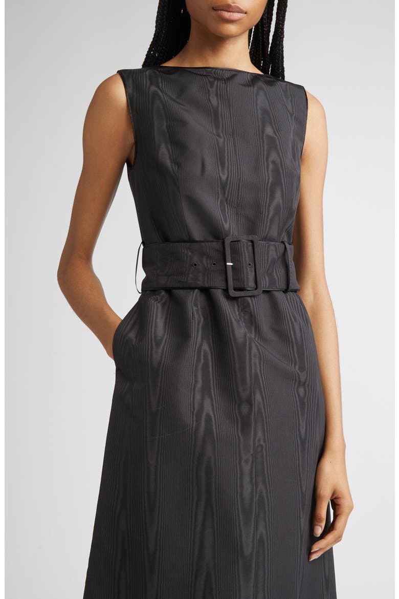 Bateau Neck Silk Moiré Belted Dress, Alternate, color, BLACK
