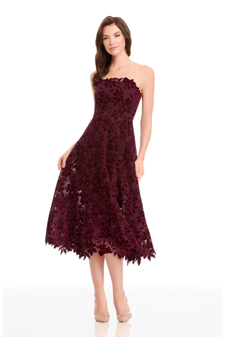 Kailyn Velvet Floral Lace Strapless Cocktail Dress, Alternate, color, OXBLOOD