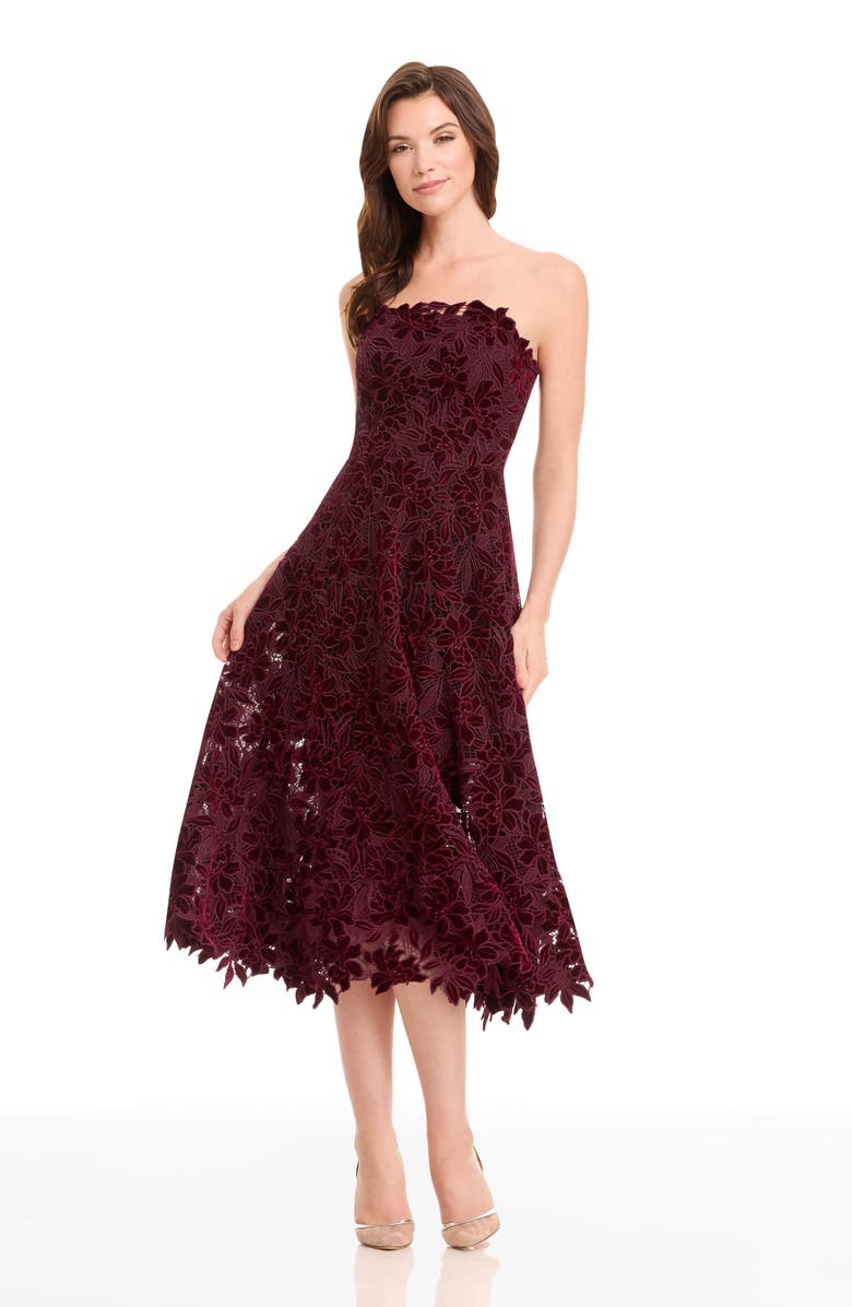 Dress the Population Kailyn Velvet Floral Lace Strapless Cocktail Dress, Alternate, color, Oxblood