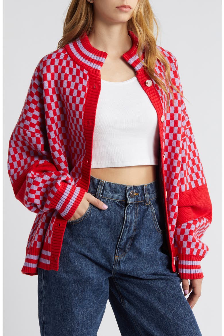 Grandpa Double Knit Jacquard Cardigan, Main, color, RED + PURPLE
