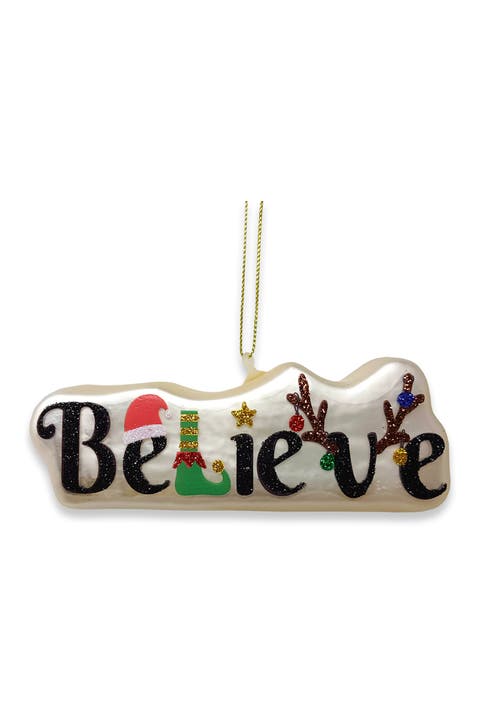 Believe Glitter Elf And Reindeer Glass Ornament