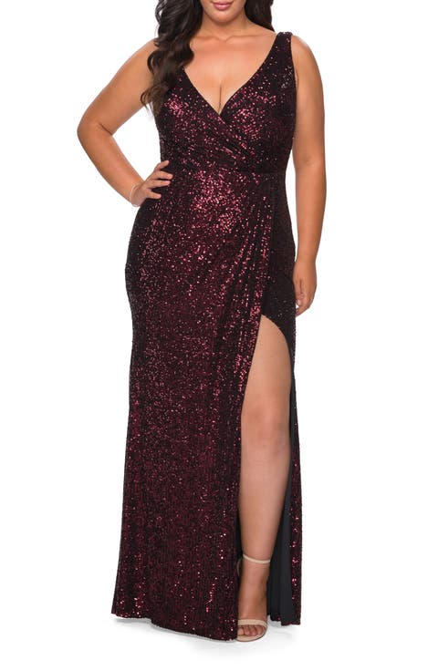 Sequin Plus Size Gown with Ruching and V-neck