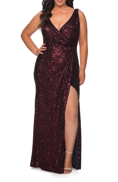 La Femme Sequin Faux Wrap Gown In Wine