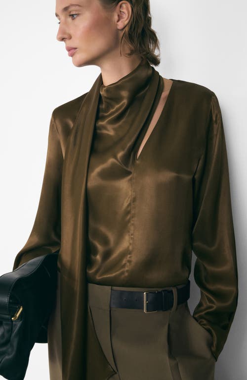 Mango Bow Satin Blouse Khaki In Khaki Brown