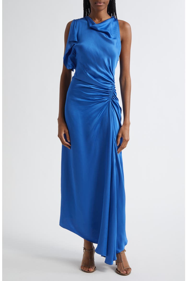 satin dress ruched side Oasis Women's Light Blue Ruched Side Detail One Shoulder Satin Maxi Bridesmaid Dress