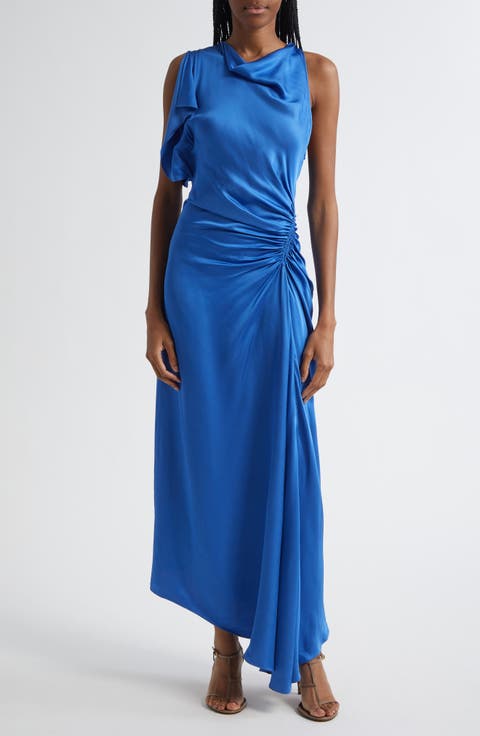 Pia Side Ruched Asymmetric Hem Satin Dress