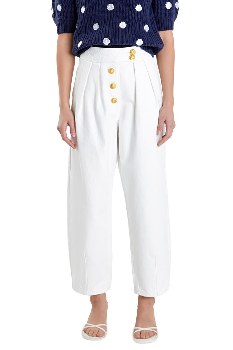 Premium Pleated Crop Wide Leg Denim Trousers, Main, color, IVORY