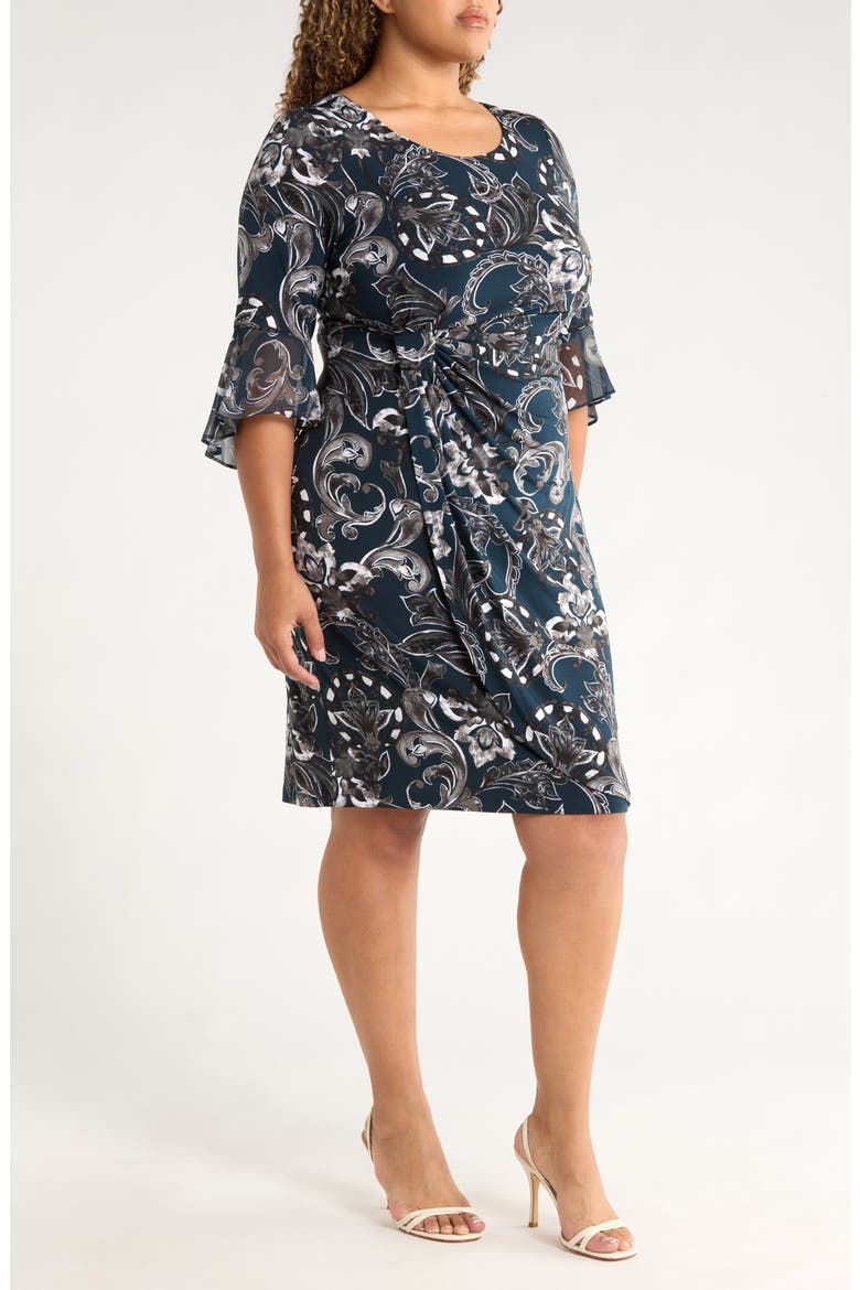 Bell Sleeve Faux Wrap Dress, Alternate, color, DARK MALLARD