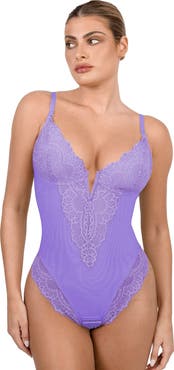 Popilush Plus Size Shapewear Lace Deep V-Neck Sculpting Thong Bodysuit