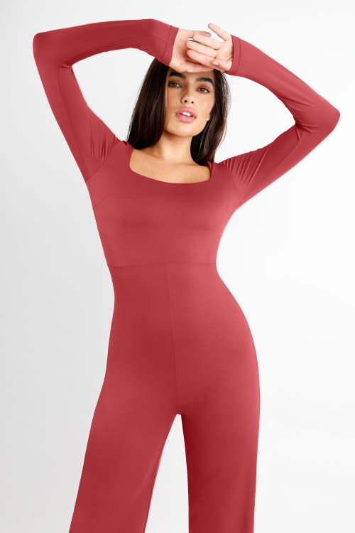 Popilush Shapewear Long Sleeve Square Neck Slimming Wide Leg Jumpsuit In Brick Red