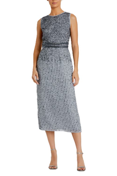 Mac Duggal Sleeveless High Neck Beaded Midi Sheath Dress In Platinum