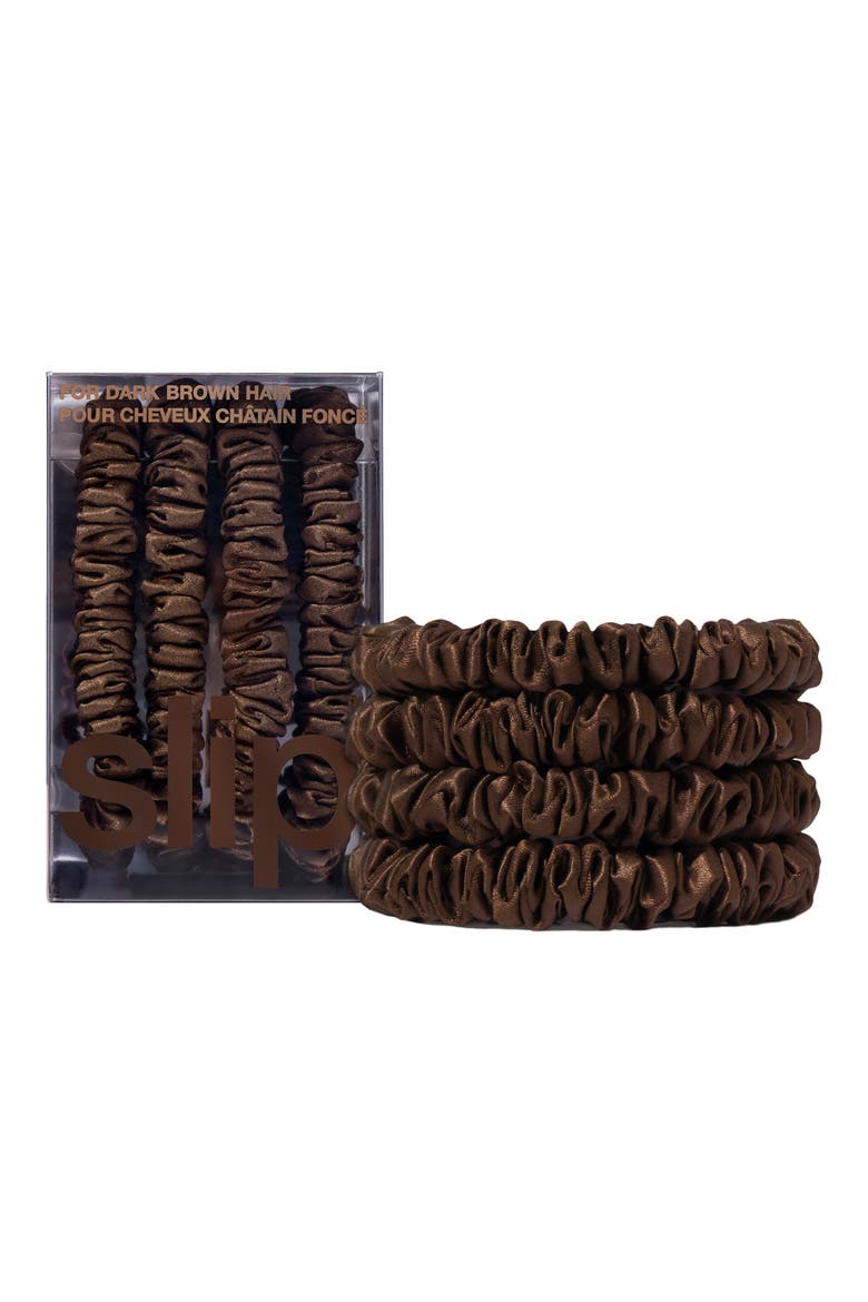 Pure Silk 4-Pack Skinny Scrunchies: Back to Basics Collection, Alternate, color, DARK BROWN