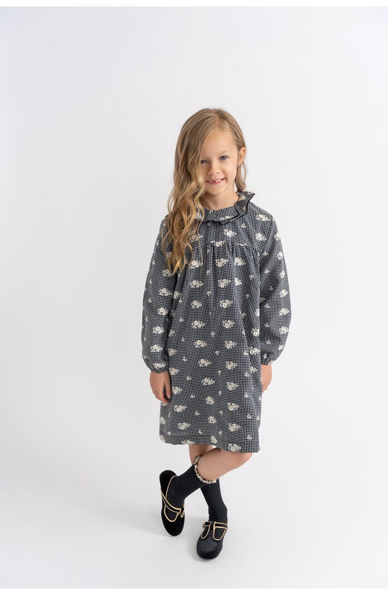 Space Grey Checkered Embroidered A-Line Dress, Alternate, color, Black