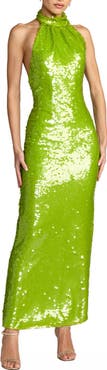 Mac Duggal Sleeveless Sequin Halter Cowl Back Ankle Dress