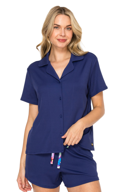 Yummy Jersey Rib Button-Up & Short Pajama Set