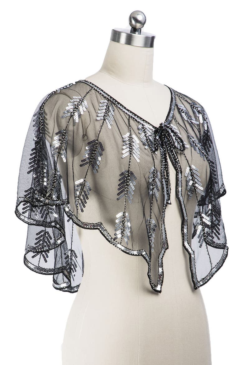Sequin Mesh Capelet, Alternate, color, BLACK