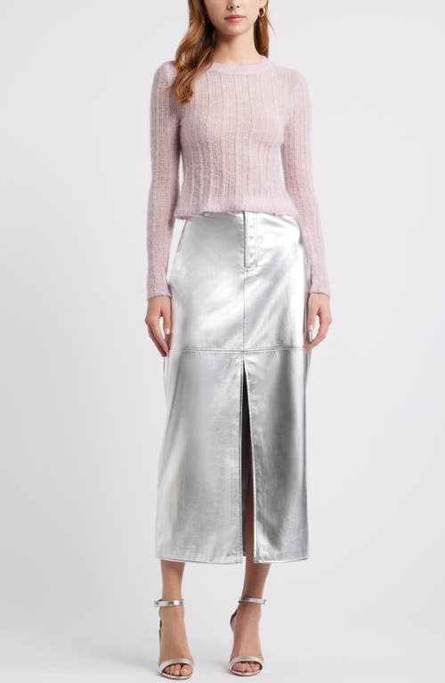 Open Edit Metallic Faux Leather Midi Skirt In Silver Metallic