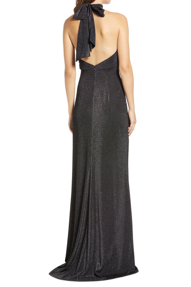 SHO by Tadahi Shoji Glitter Knit Halter Neck Body-Con Gown, Alternate, color, BLACK OPAL