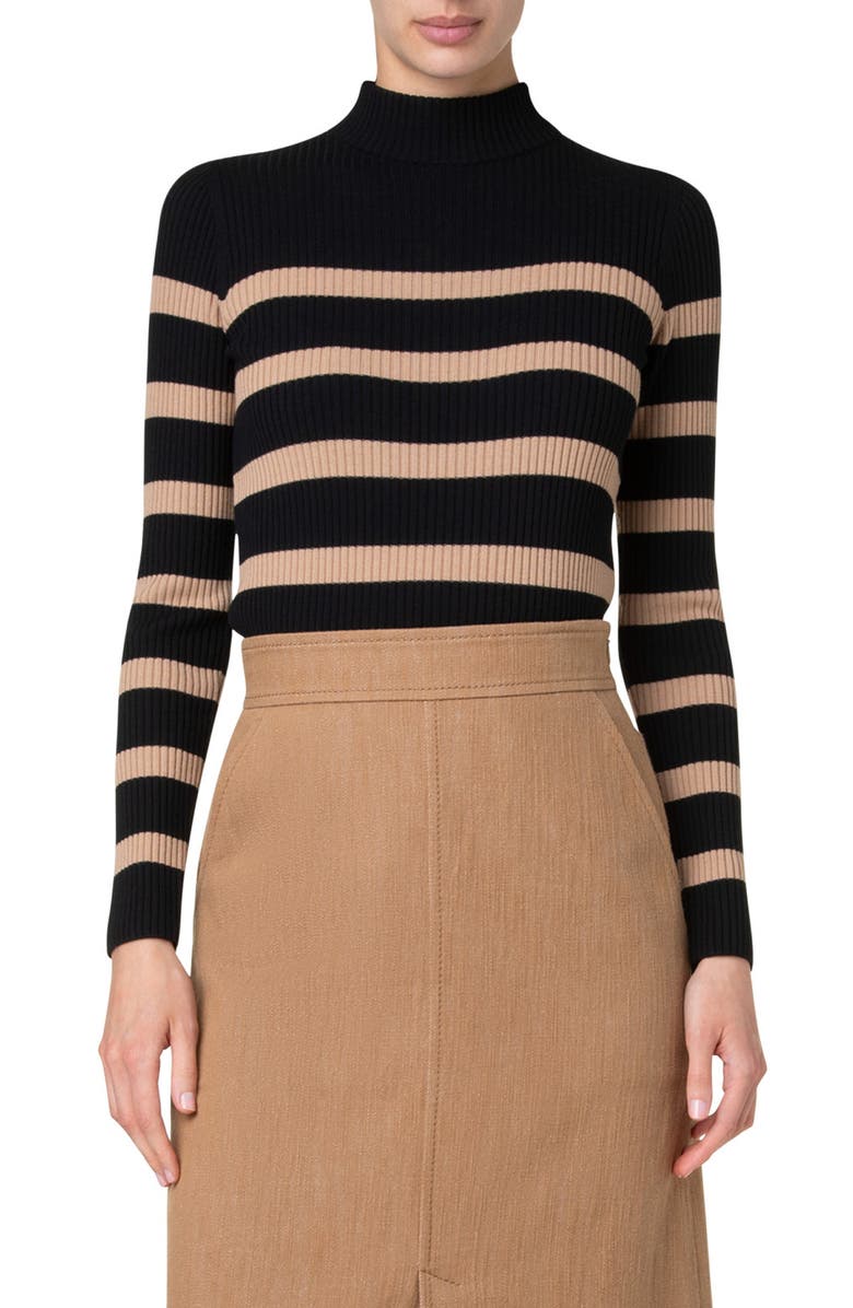 Akris punto Stripe Rib Virgin Wool Mock Neck Sweater, Main, color, 