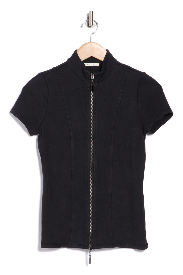 Short Sleeve Zip Up Top, Alternate, color, BLACK