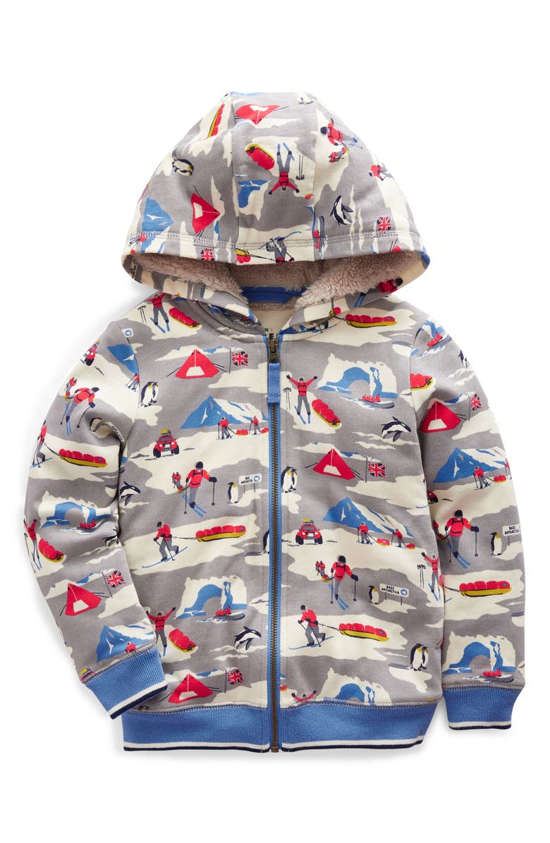 Mini Boden Kids' Ski Print Fleece Lined Zip-Up Hoodie, Main, color, 