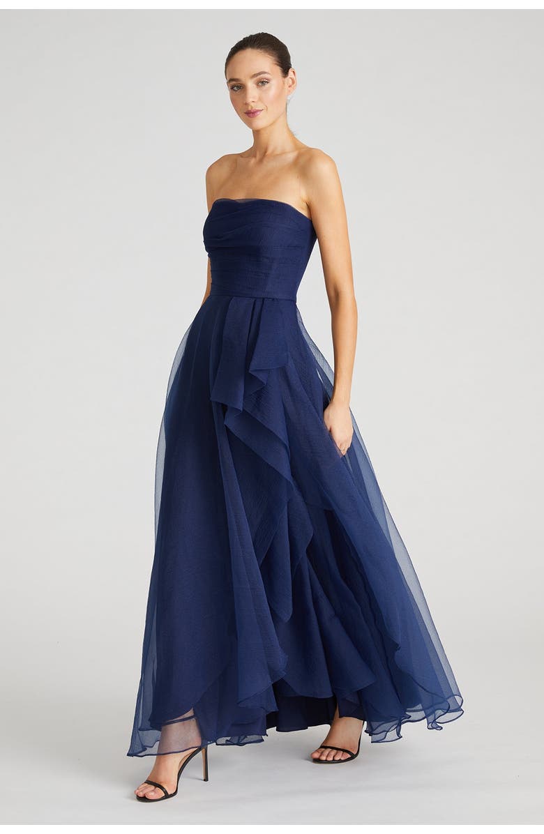 Theia Teresa Strapless Draped Gown, Main, color, Navy