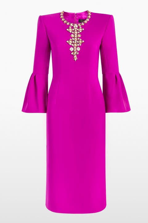 Margoni Bell-Sleeve Embellished Midi Dress
