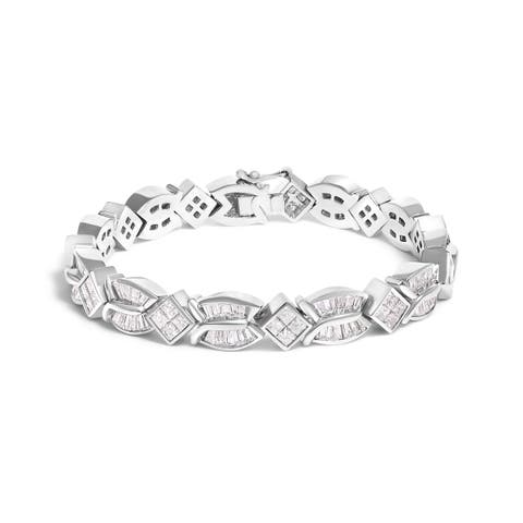 14K White Gold 8 5/8ct Cttw Princess and Baguette Diamond Geometric Twist Link Bracelet