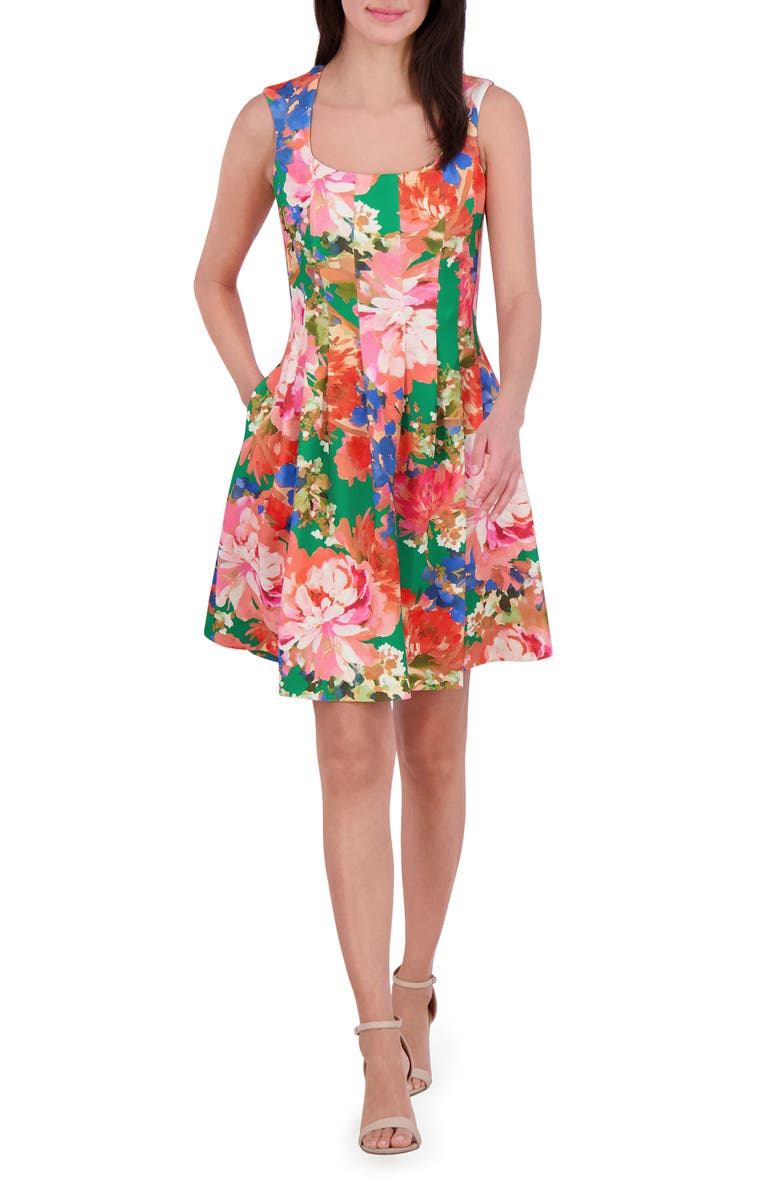 Vince Camuto Floral Pleated Scuba Knit Fit & Flare Dress, Alternate, color, 