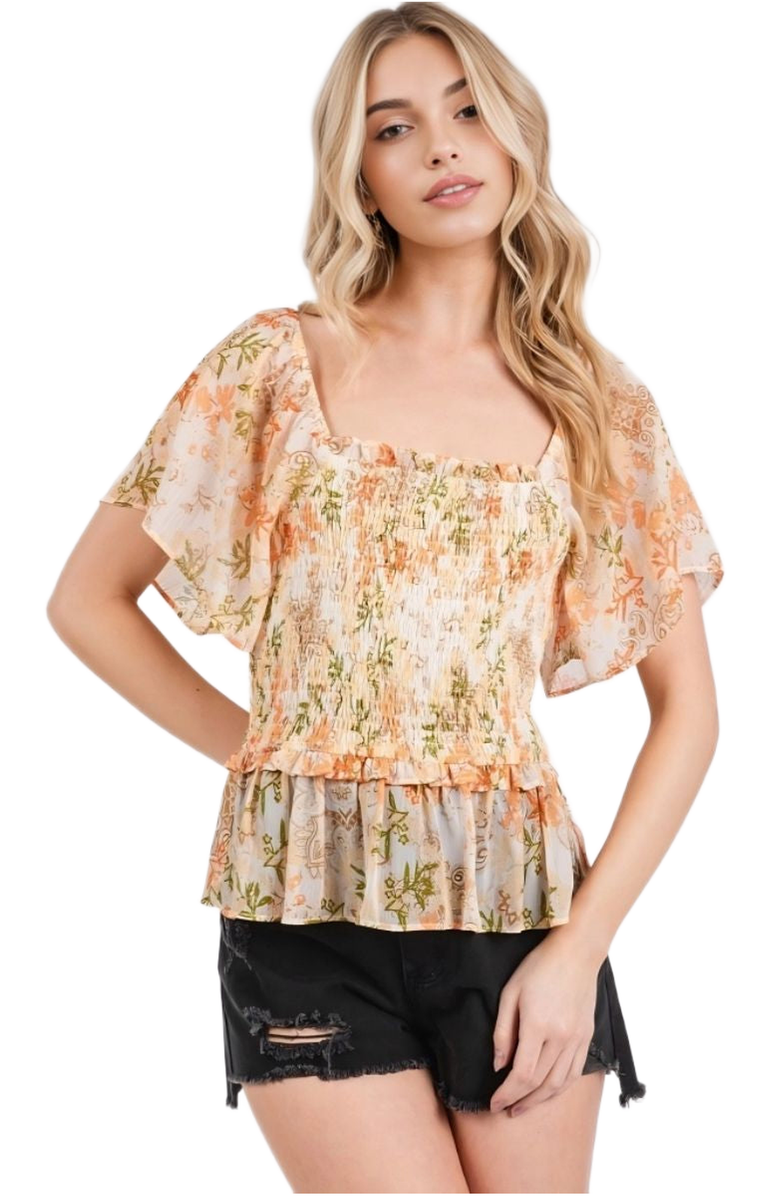 Knit and Lounge Soft Floral Print Lightweight Smocked Peplum Top Flutter Sleeve Square Neck, Alternate, color, Peach Floral