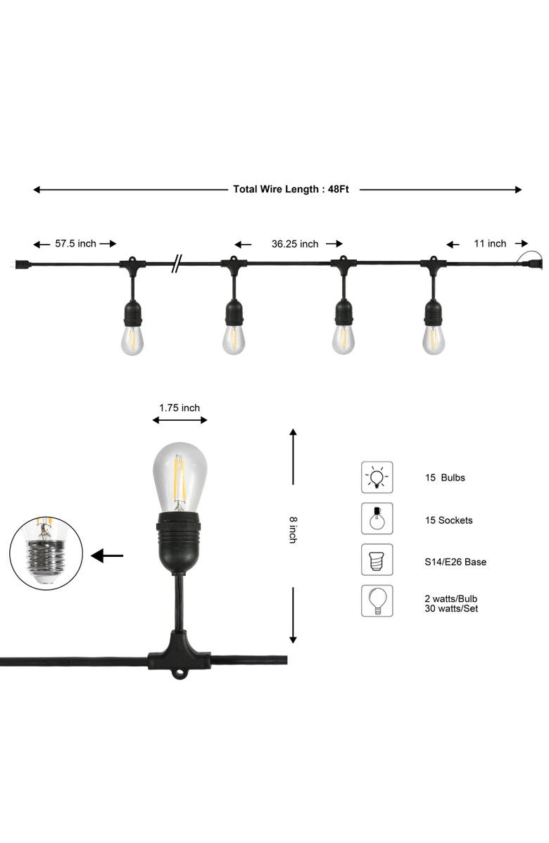 JONATHAN Y 15-Light Indoor/Outdoor Rustic Industrial LED S14 Edison Buld String Lights, Alternate, color, Black