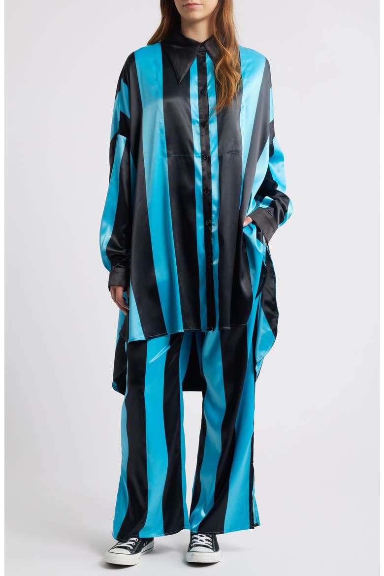 Posh Stripe Oversize Satin Button-Up Shirt & Pants Set, Main, color, BLUE/ BLACK