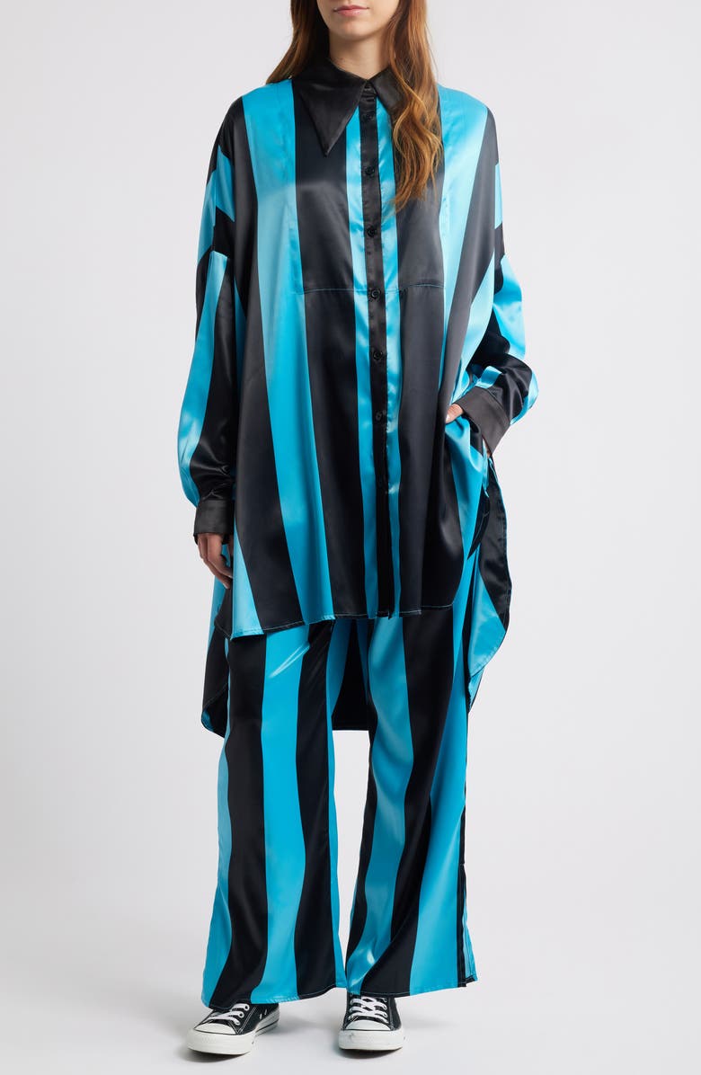 Dressed in Lala Posh Stripe Oversize Satin Button-Up Shirt & Pants Set, Main, color, Blue/ Black