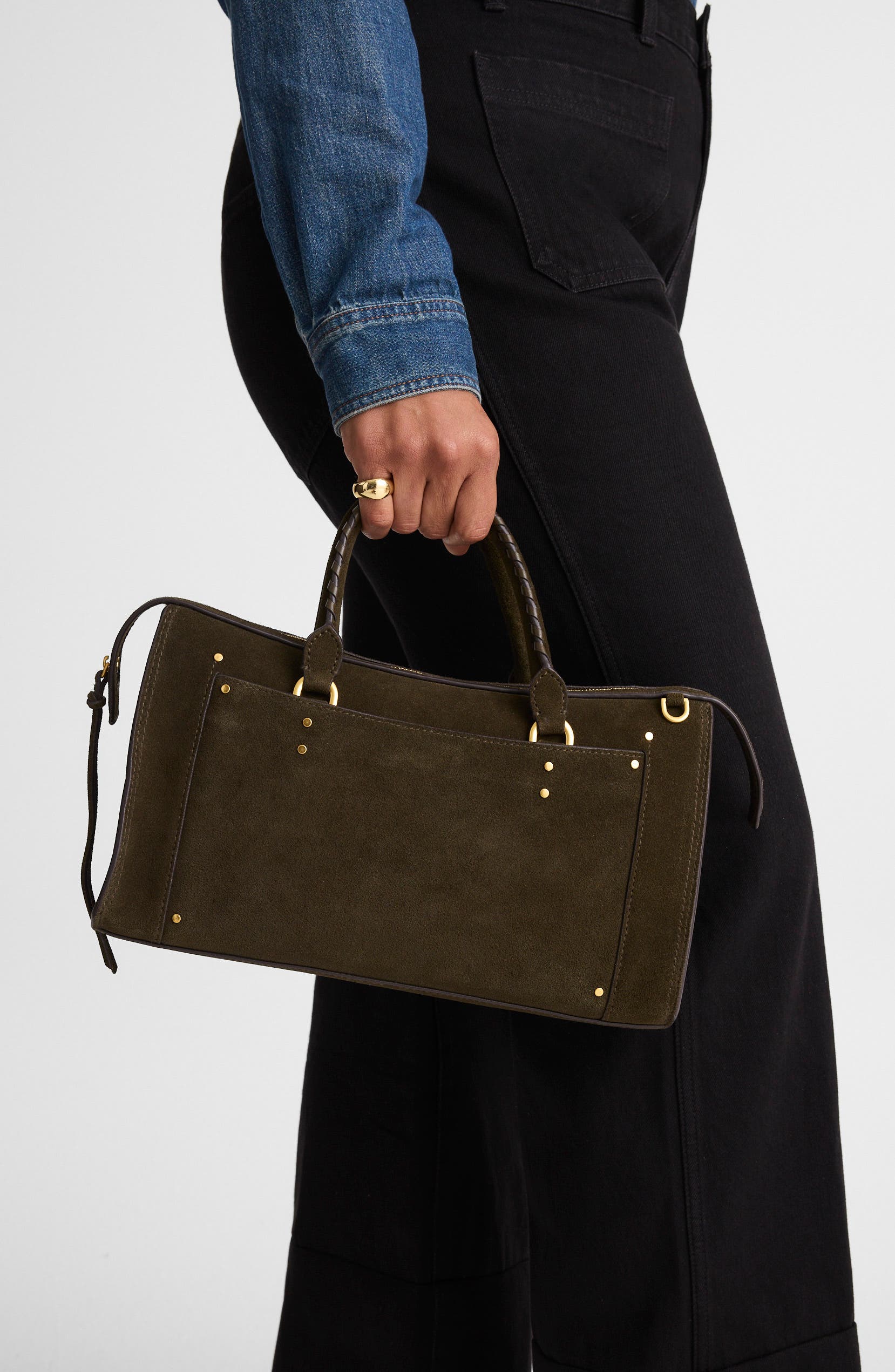 Large Studded Suede Satchel, Alternate, color, DRIED OLIVE